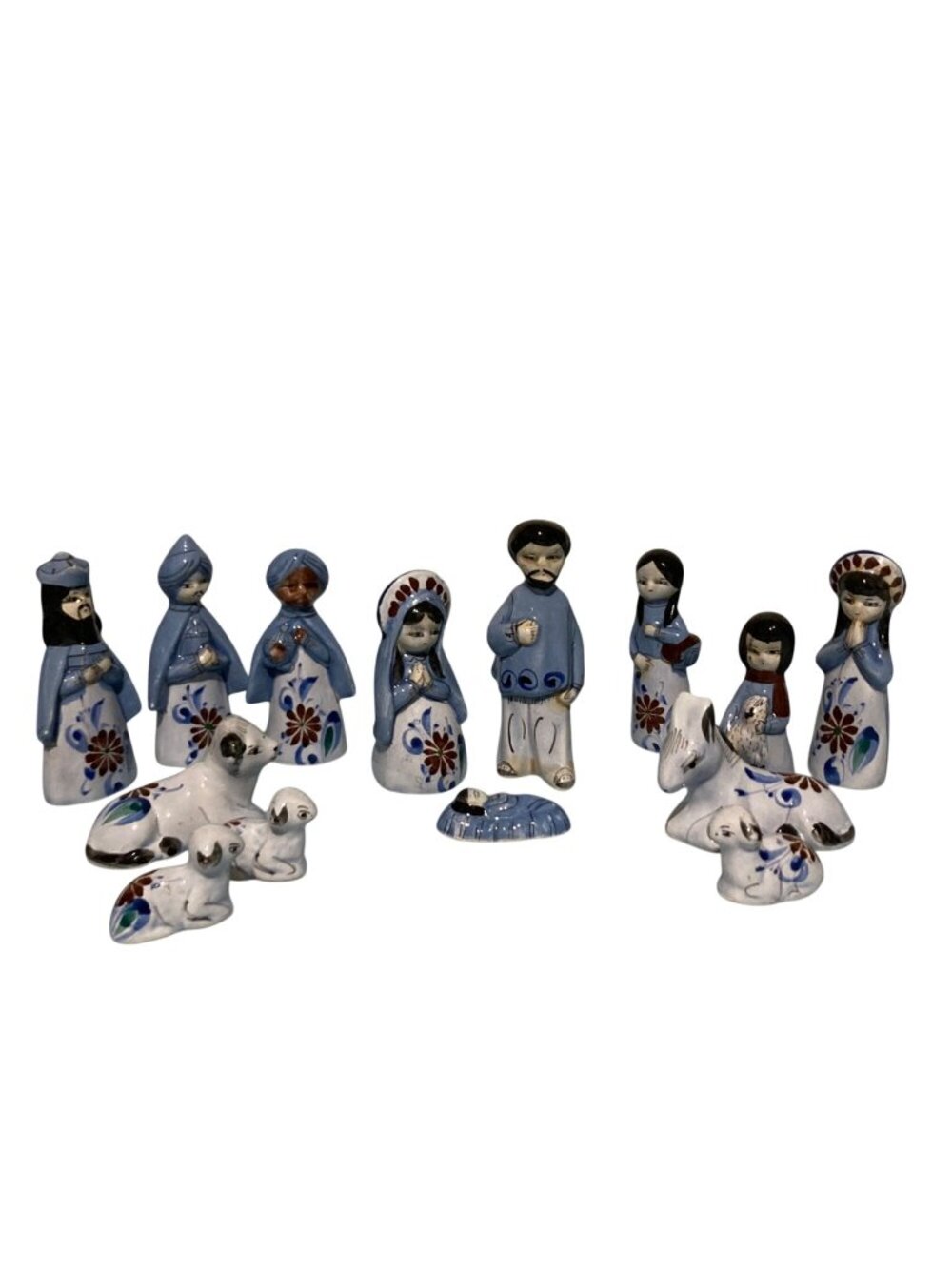 Vintage Christmas Tonala Blue Mexican Pottery Nativity Set 14 Pieces Hand Painte